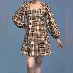 Plaid Square-Neck Puff Sleeve Mini Dress - Beige